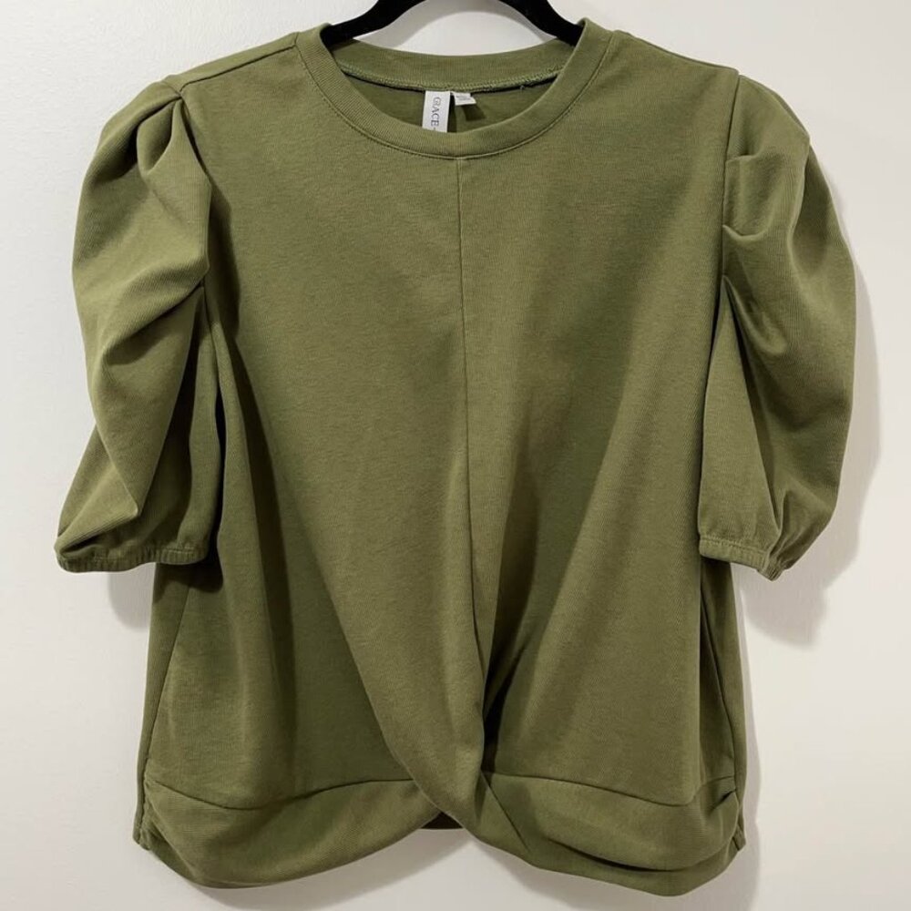 Statement Sleeve Elevated Boho Twist Neutral Casual Olive Green Top [size L] - Picture 2 of 8